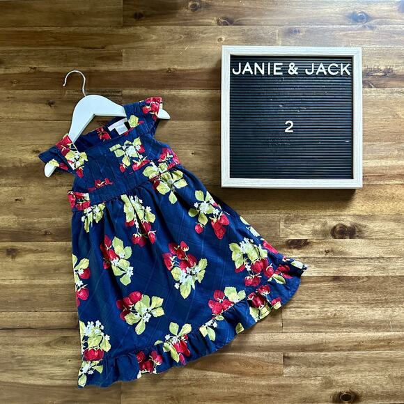 Janie & Jack Navy Blue Red Strawberry Sweet Short Sleeve Cotton Ruffle Dress 2T - Picture 1 of 8